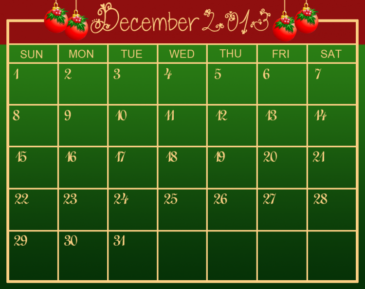 December Green Printable Calendar Template