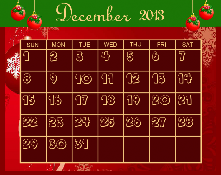 December Red Printable Calendar Template