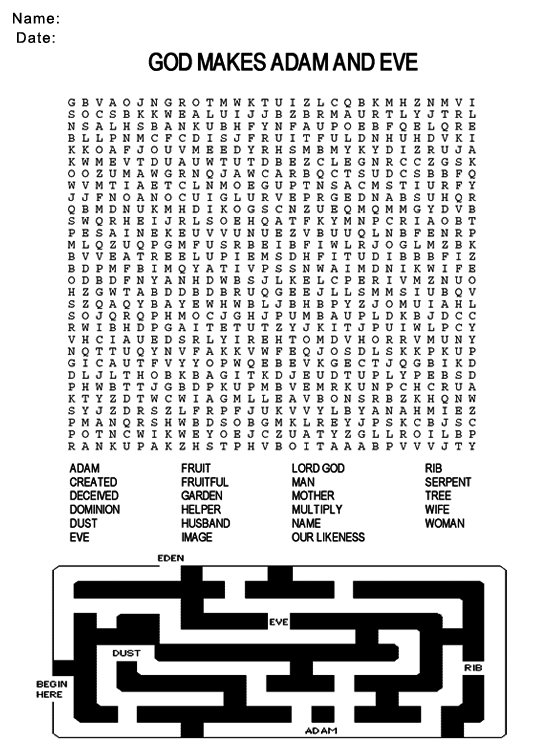 Printable Adam and Eve Word Search Church Worksheet