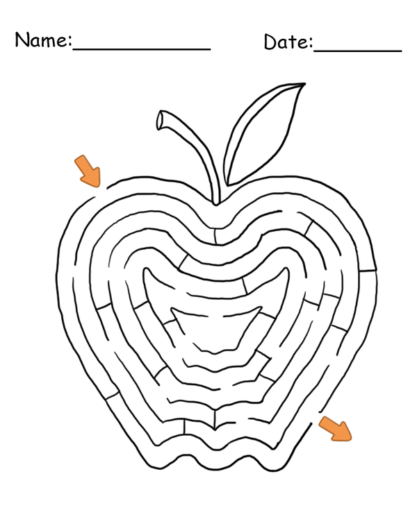 Printable Apple Shape Maze Games