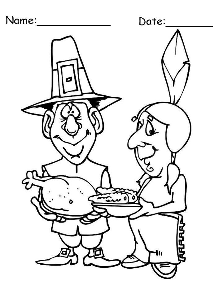 Printable Pilgrim and Native American Thanksgiving Coloring Page
