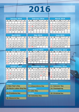 Blue 2016 Printable Calendar