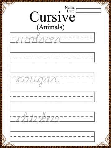Printable Animal Words Cursive Worksheet