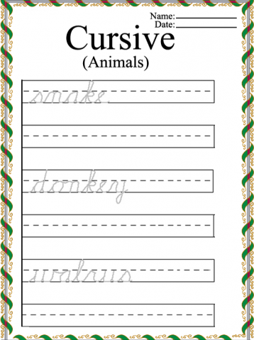 Printable Animal Words Cursive Worksheets